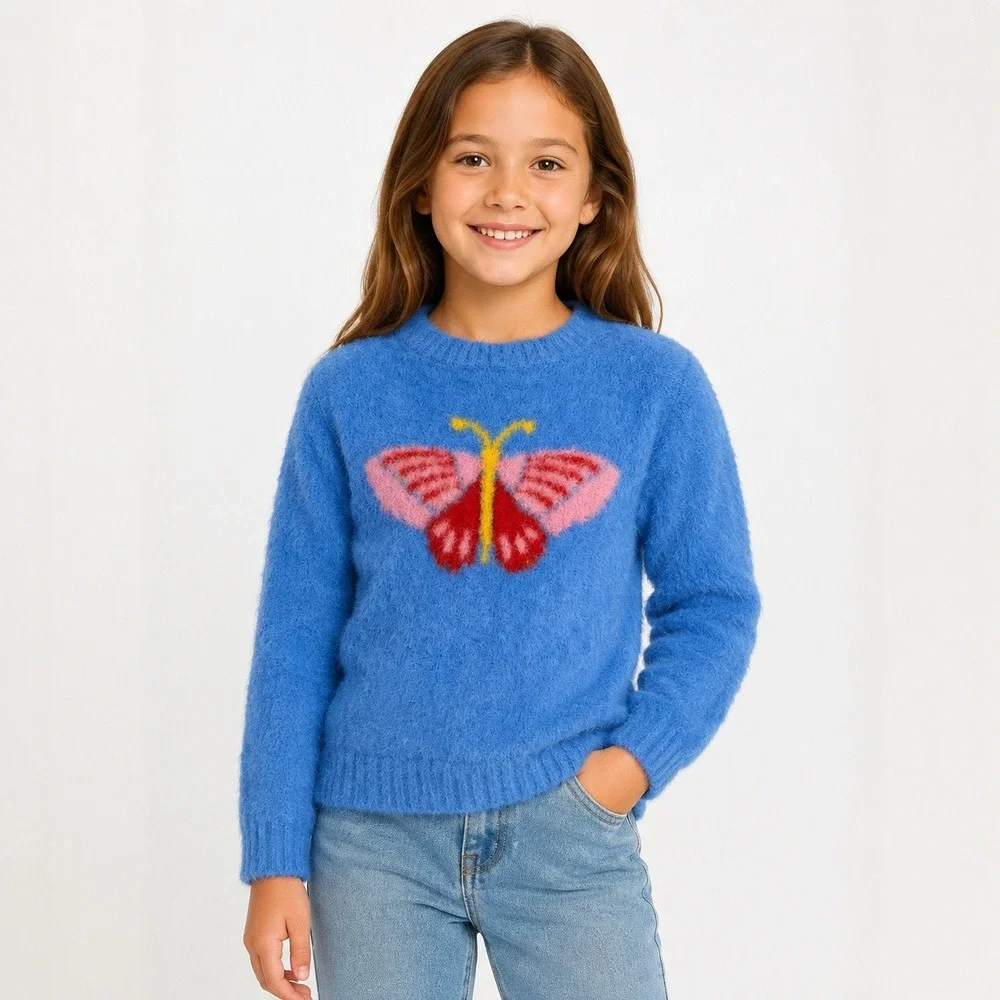 Finding Foxtale Girls Butterfly Fuzzy Eyelash Knit Blue Sweater Size 7